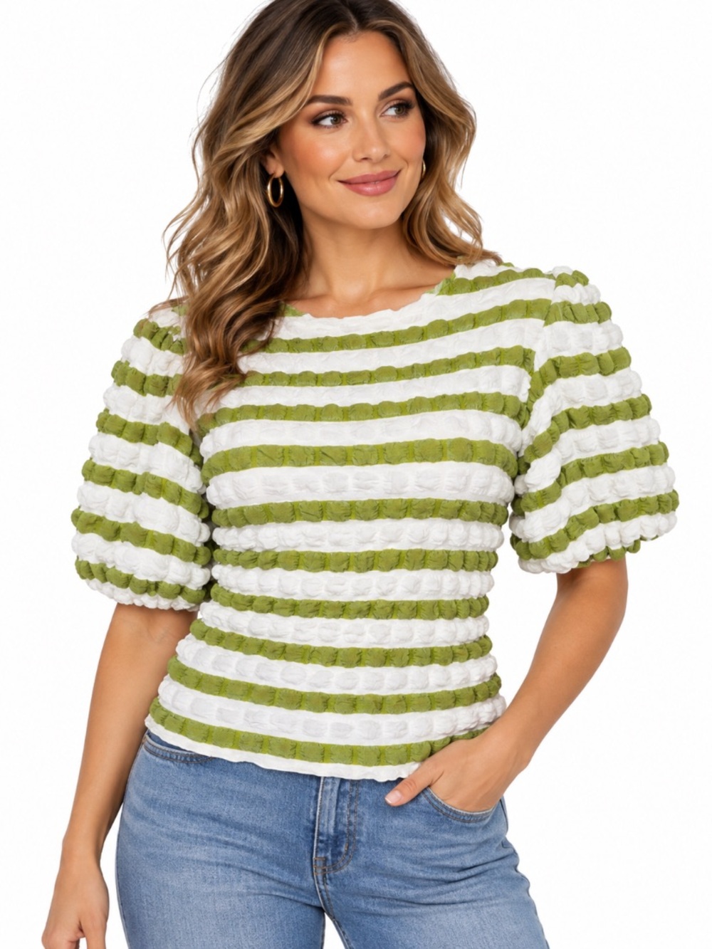 Kaktus “NEW” Green & White Striped Puff Sleeve Textured Cottagecore Top Size XL